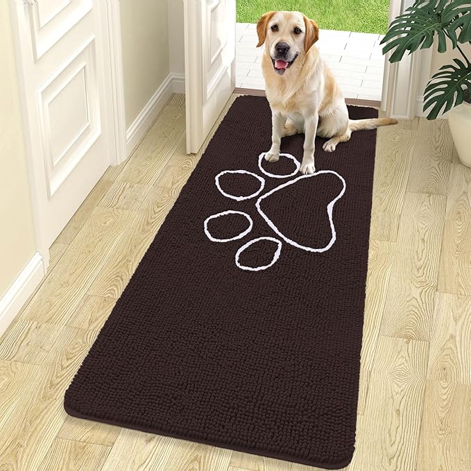 OLANLY Dog Door Mat for Muddy Paws 70x24, Paw Print Design, Absorbs Moisture and Dirt, Absorbent Non-Slip Washable Doormat, Quick Dry Chenille Mud Mat for Dogs, Entry Indoor Entryway Carpet, Brown by OLANLY