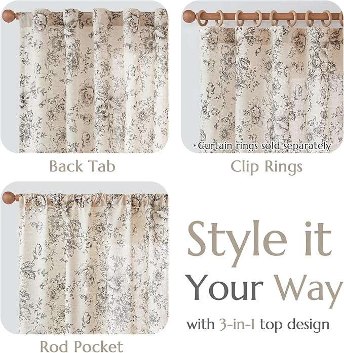 jinchan Linen Blend Curtain Floral Curtains for Living Room 84 Inch Length Farmhouse Curtain Rod Pocket Back Tab Black Printed Peony Flower Patterned Drapes Bedroom Window Curtains Set 2 Panels - Image 5