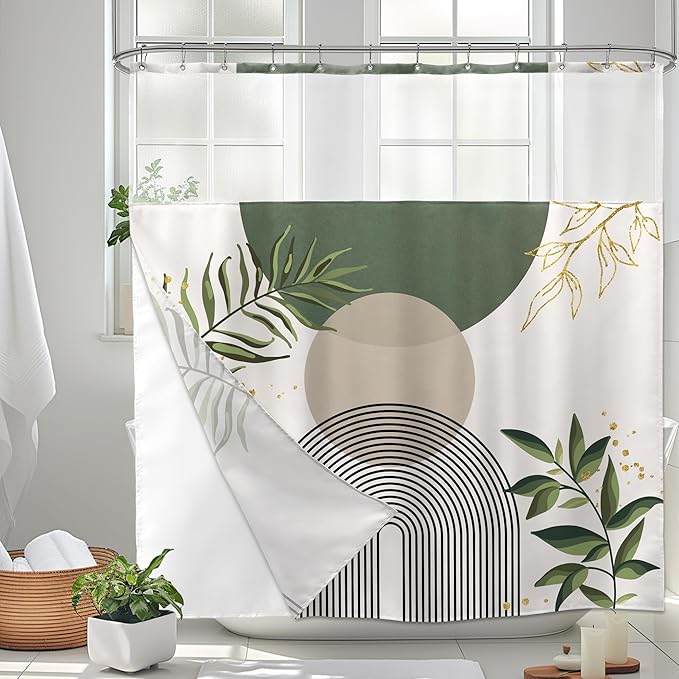 Sage Green Boho Shower Curtain with Snap in Liner Modern Mid Century Abstract Minimalist Gold Leaves Plant Sun Geometric Arch 72Wx72H Bathroom Decor Bath Curtain Fabric Polyester 12 Pack Hooks by MitpokBrand