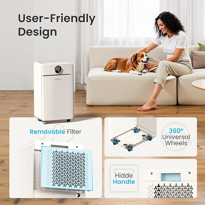 CHIVALZ 1500 Sq.Ft Dehumidifier for Basement with Drain Hose Max 25 Pints, Dehumidifiers for Home, Bedroom, Bathroom, Quiet, Intelligent Humidity Control, 3 Modes, 24H Timer, Lvory 1Pack - Image 8