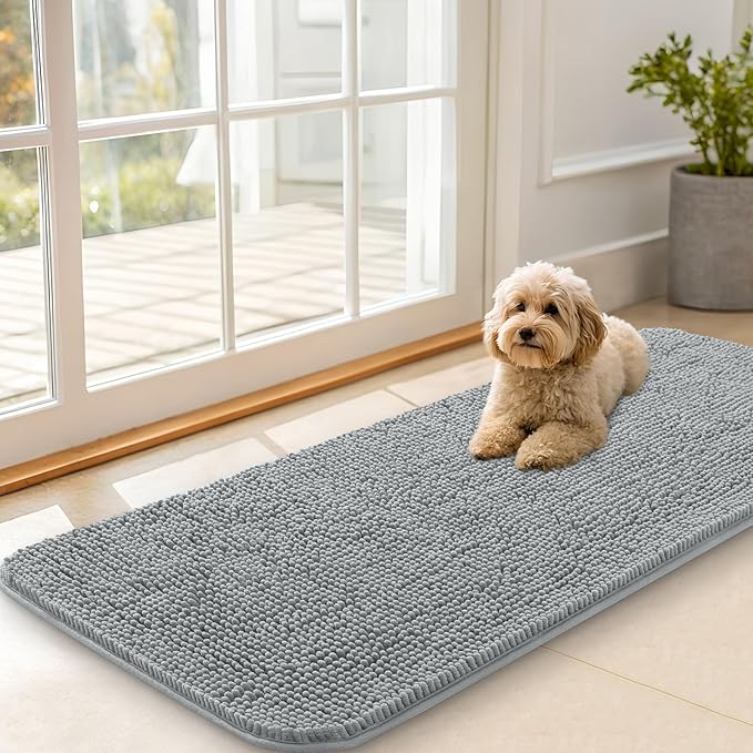 OLANLY Dog Door Mat for Muddy Paws 47x20, Absorbs Moisture and Dirt, Absorbent Non-Slip Washable Doormat, Quick Dry Chenille Mud Mat for Dogs, Entry Indoor Entryway Carpet for Inside Floor, Grey by OLANLY