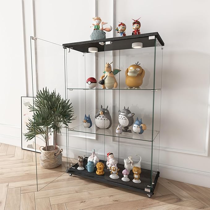 Yoluckea 3-Shelf Glass Display Cabinet with LED Lights, 2-Door Floor Standing Curio Cabinet with Universal Wheel for Home or Office, Black Glass Bookshelf for Collections, Decor, and Corner Display - Image 8