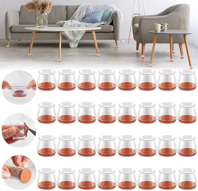 32PCS Upgraded Silicone Chair Leg Floor Protectors for Hardwood Floors, Furniture Sliders for Chair Legs, Felt Bottom Furniture Pads, Anti-Slip Round&Square Cap Covers to Scratch and Reduce Noise by Violibar