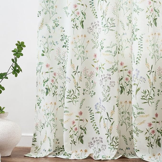 jinchan Floral Linen Blend Curtains for Living Room 63 Inch Length French Country Farmhouse Printed Curtains Sage Green on White Rod Pocket Back Tab Light Filtering Window Drapes 2 Panels - Image 7