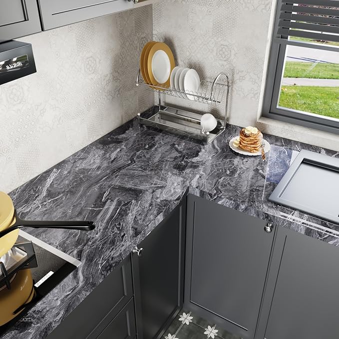 CRE8TIVE Dark Grey Silver Marble Contact Paper Waterproof 12"x354" Slate Marble Wallpaper Peel and Stick Countertops Self Adhesive Removable Kitchen Wallpaper Marble Vinyl Roll for Tables Shelf Liners - Image 3