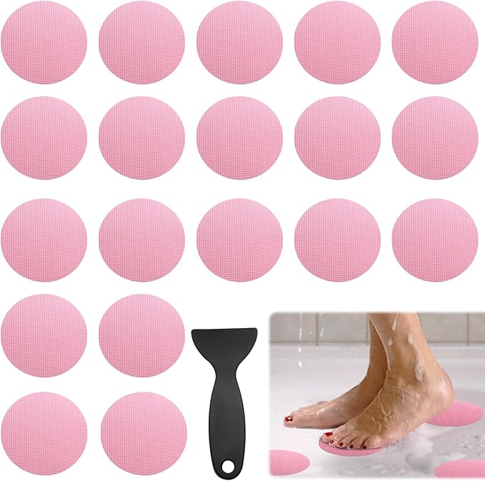 24 PCS Bathtub Non Slip Stickers Pink Adhesive Decals Round Shape Anti Slip Shower Stickers Bath Non Slip Stickers for Floor Bathroom Stairs Ladders with Scraper by Coufce
