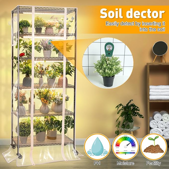 Meonum Indoor Greenhouse with Grow Lights, 6 Tier Metal Plant Shelf with Cover (30" x 13.8" x 70.8"), 5 Pack Full Spectrum Growing Lamps for Seed Starting, Grow Rack with Timer, Thermometer, pH Meter - Image 6