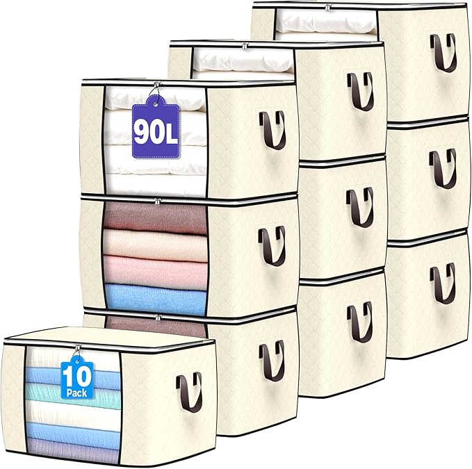 Budding Joy 90 L Large Storage Bags, 10 Pack Clothes Storage Bins Foldable Closet Organizers Storage Containers with Reinforced Handle for Clothing, Blanket, Comforters, Bed Sheets, Pillows (Beige) by BuddingJoy-BuildaJoyfulLifeforYou