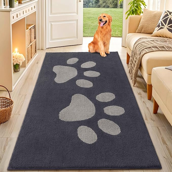 Smiry Dog Door Mat for Muddy Paws, Absorbs Moisture and Dirt, Low-Profile Entryway Mat with Non-Slip Backing, Entry Indoor Outdoor Doormat for Inside Floor (59x35 Inches, Dark Grey, Paw) by Smiry
