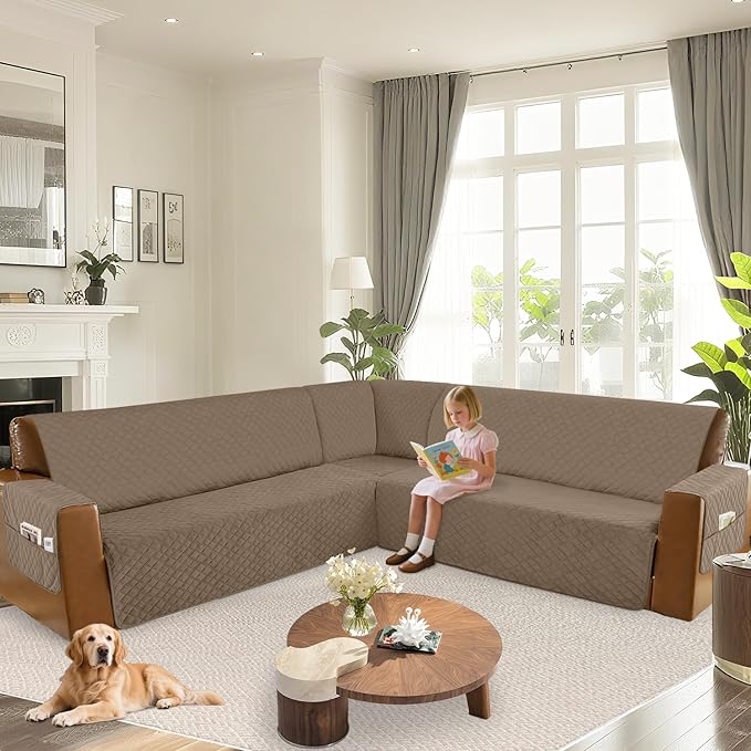 Arfntevss Waterproof Sectional Couch Covers L Shape Washable Velvet Sofa Cover for Sectional Non Slip Large Corner Slipcovers Dog 6 Pcs Universal U Shaped Furniture Protector (Light Brown, XX-Large) - Image 6