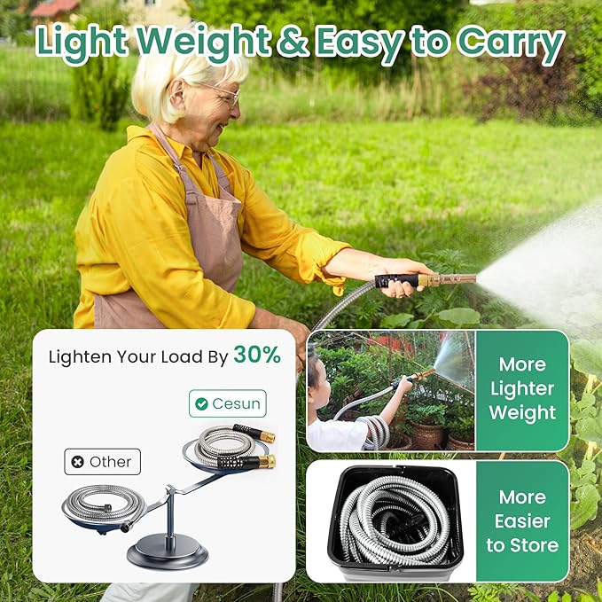 Cesun Metal Garden Hose 100 foot - 304 Stainless Steel Water Hose, Flexible, Lightweight and No-Kink Metal Hose with Brass Nozzle for Outdoor, Yard - Image 2