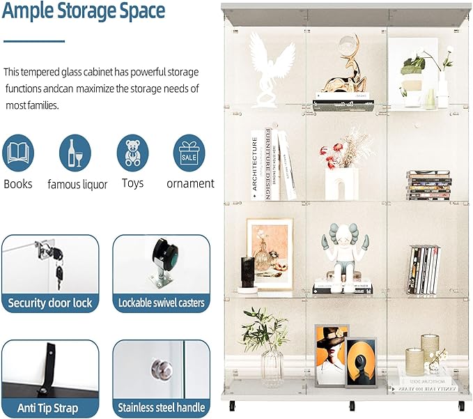 Yoluckea 4 Tiers Glass Display Cabinet Extra Large with Bluetooth LED Light Strip, 2 Doors Floor Standing Curio Cabinet with Universal Wheel for Home, White Glass Bookshelf for Collections, Wood Top - Image 4