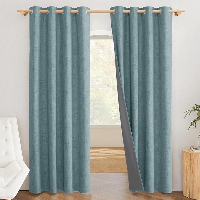 NICETOWN 100% Absolutely Blackout Linen Curtains with Thermal Insulated White Liner, Skylark Blue, 52 inches Wide, 84 inches Length Energy Saving Curtains for Living Room 2 Panels Set, Vertical Blinds by NICETOWN