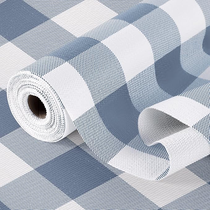 Shelf Drawer Liner for Kitchen Cabinets Non-Adhesive, 17.5IN x 10FT Non-Slip Strong Grip Thickened Gingham Cabinet Liners for Shelves, Dresser, Cupboard, Pantry, Tool Box, Bathroom Drawers, Blue/White by Insigoo