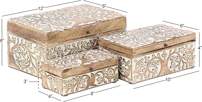 Deco 79 Mango Wood Floral Decorative Box Decorative Keepsake Boxes with Hinged Lid, Set of 3 Storage Boxes 8", 10", 12"W, Brown - Image 14