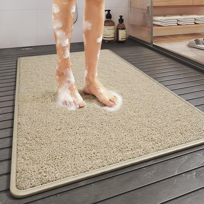Non Slip Shower Mat Bathtub Mat 20x32 Inch, Quick Dry Bath Mat with Drain, Soft PVC Imitation Loofah Foot Scrubber Bath Mats for Bathroom Tub Shower Floor, Hangable & Hook Included, Beige by QiCaiJia