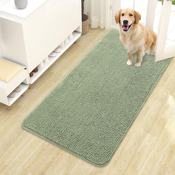 OLANLY Dog Door Mat for Muddy Paws 44x24, Absorbs Moisture and Dirt, Absorbent Non-Slip Washable Doormat, Quick Dry Chenille Mud Mat for Dogs, Entry Indoor Entryway Carpet for Inside Floor, Sage Green by OLANLY