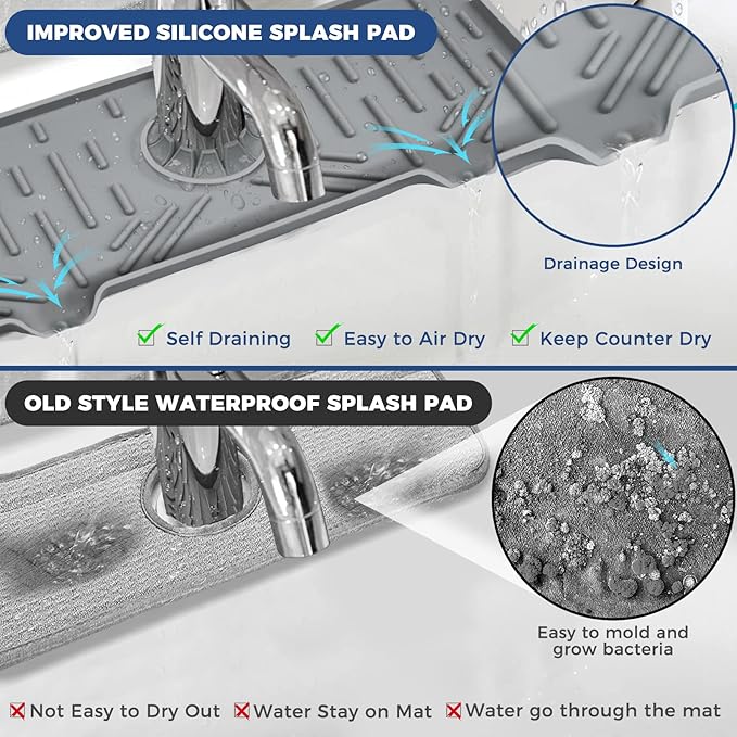 BFONS Silicone Faucet Handle Drip Catcher Drying Tray Mat Dish Soap Sponge Holder Accessories Gadgets for Kitchen Counter Bathroom Kitchen Sink Splash Guard -Grey - Image 8