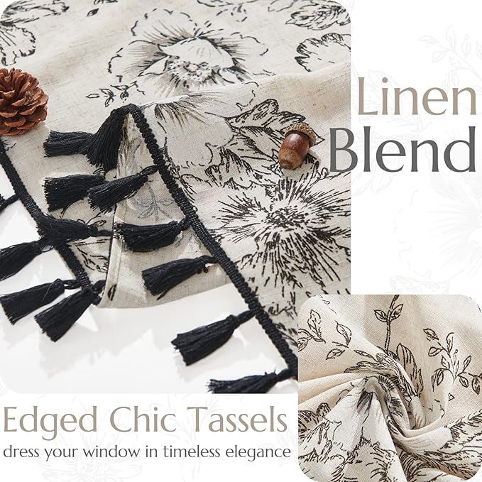 JINCHAN Linen Blend Floral Curtains for Living Room & Bedroom - 84 Inch Long Printed Curtains with Tassels & Rod Pocket - Farmhouse Rustic Peony Flower Patterned Drapes - 2 Panels - Image 4