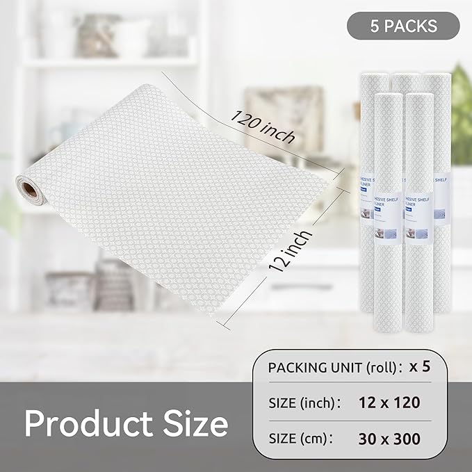 FIFTY FEET 12"x120" Non-Adhesive Shelf Liner for Kitchen Cabinets and Drawers, Washable Non-Slip PVC Cabinet Liner (White Circle)(5 Roll) - Image 5