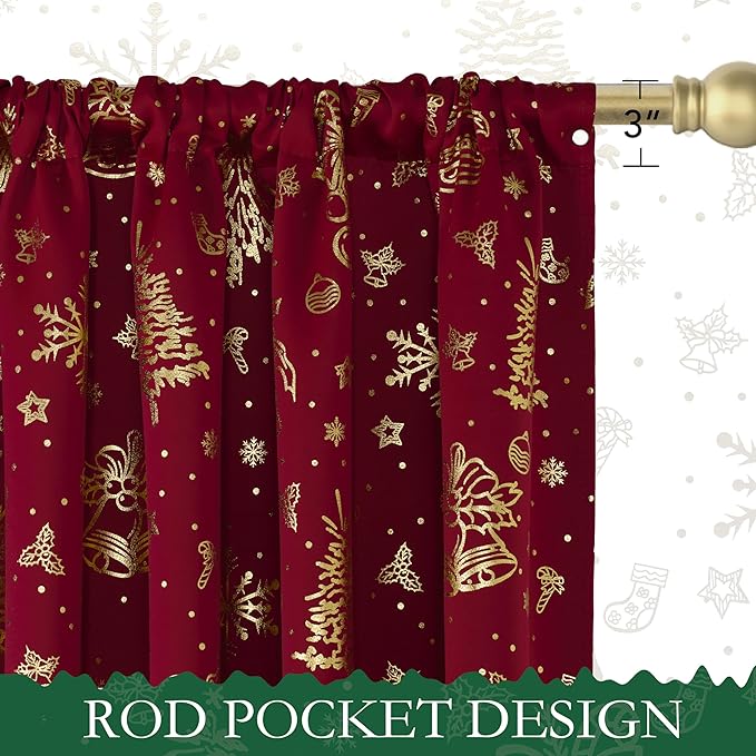 NICETOWN 2 Panels Red Christmas Curtains W42 x L63 in, Rod Pocket Gold Stamping Xmas Tree Printed Window Treatments for Bedroom, Living Room, Thermal & Privacy Draperies for Holiday Party Home Decor - Image 2