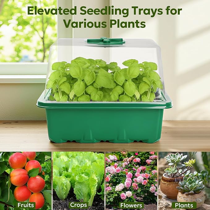 MIXC Seed Starter Kit with Grow Light, Elevated Seedling Tray Kit with Adjustable Humidity Dome and Clear Cell Tray, 12 Full Spectrum Led Beads for Seed Starting Greenhouse, 6 Pack, Green - Image 8