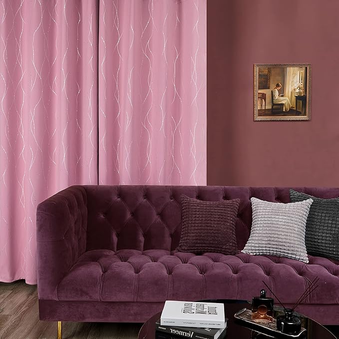 Deconovo Short Blackout Curtain, Pink Curtain, Thermal Insulated Soundproof Grommet Drapes, Wave Line Dot Foil Print, 38 x 54 Inch, 2 Panels, Machine‑Washable Window Panel for Small Windows Kitchne - Image 4