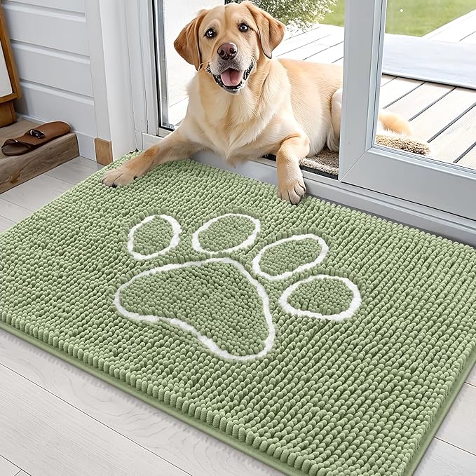 OLANLY Dog Door Mat for Muddy Paws 36x24, Paw Print Design, Absorbs Moisture and Dirt, Non-Slip Washable Doormat, Quick Dry Chenille Mud Mat for Dogs, Entry Indoor Entryway Carpet, Sage Green by OLANLY