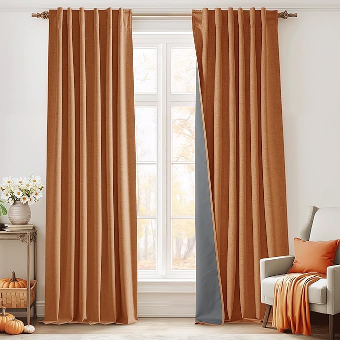 RYB HOME Burnt Orange Total Blackout Curtains Linen Texture, Rustic Fall Curtains for Bedroom/LivingRoom/Office, Thermal Insulated Boho Farmhouse HomeDecor, Luxury Privacy Drapes, W52xL90, 2 Panels by RYBHOME