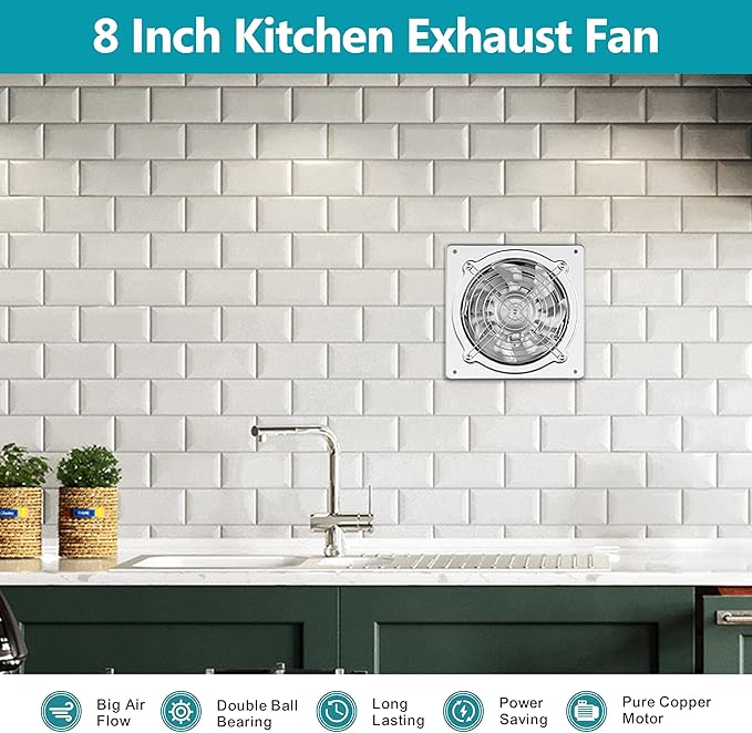 HG Power 8 Inch Kitchen Exhaust Fan, 576CFM Metal Attic Exhaust Fan, Wall Mounted Garage Ventilation Fan, Basement Extractor Fans with Backdraft Damper for Home Office Commercial Use, Silver - Image 7
