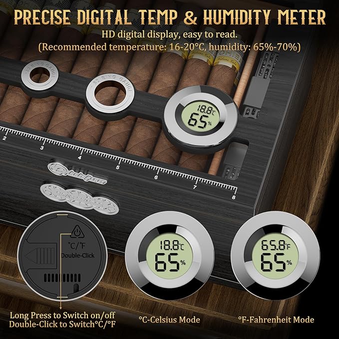 Cigar Humidor, Glass Top Desktop Humidor Box, Cigar Gifts for Men, Cedar Wood Cigars Case with Digital Hygrometer, Humidifier, Measuring Scale and Cigars Accessories Drawer - Image 7