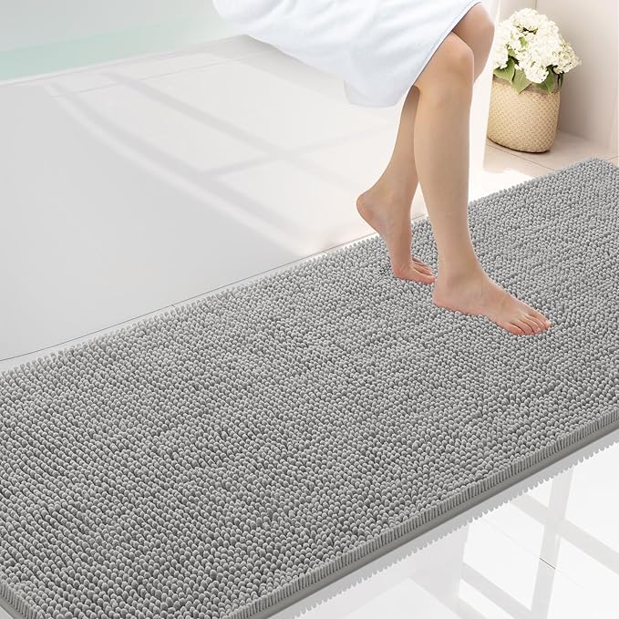 Smiry Luxury Chenille Bathroom Rugs 70x24, Extra Soft and Absorbent Shaggy Bath Mat, Machine Washable, Non-Slip Plush Carpet Runner for Tub, Shower, and Floor, Home Decor Accessories, Light Grey by Smiry