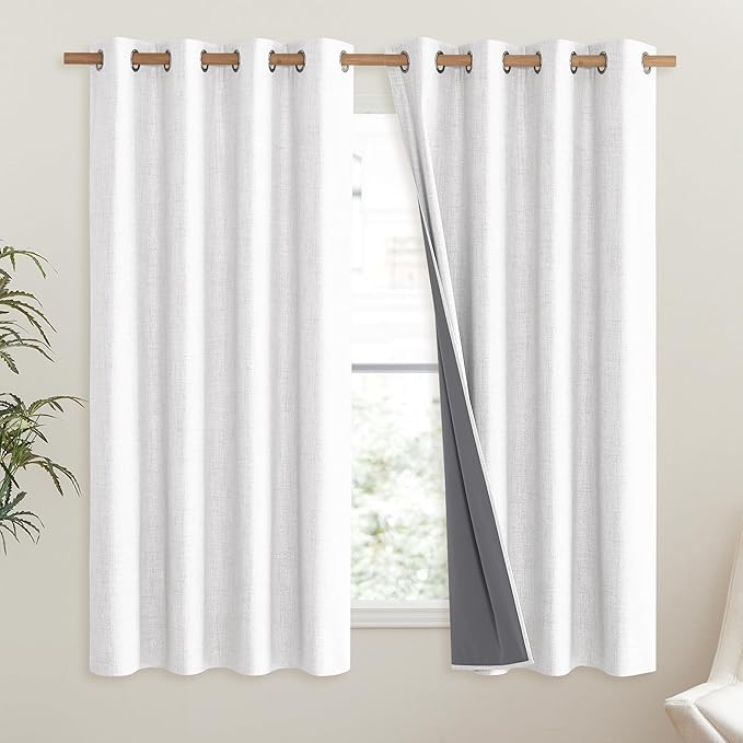 NICETOWN 100% Absolutely Blackout Linen Curtains with Thermal Insulated Liner, Greyish White, 52" Wide, 63" Length Energy Saving Curtains for Living Room 2 Panels Set, Vertical Blinds - Image 2