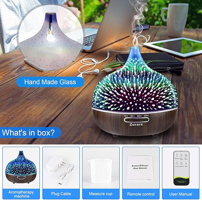 Essential Oil Diffuser 550ml Cool Mist Humidifier 3D Glass Ultrasonic Aromatherapy Humidifier with 7 Color Changing Led Lights, Waterless Auto Shut-Off, Adjustable Timer for Home Bedroom Office - Image 8