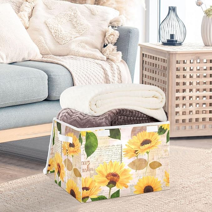xigua Yellow Sunflower Storage Bins with Lids and Carrying Handle,Foldable Storage Boxes Organizer Containers Baskets Cube with Cover for Home Bedroom Closet Office - Image 5
