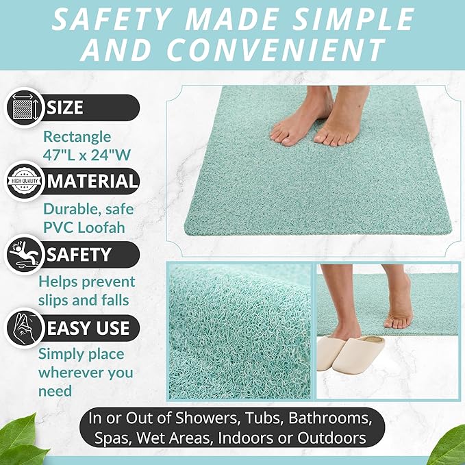 Anti Slip Shower Mat - Non Slip Shower Mats for Inside Shower - Large 47x24 Loofah Shower Floor Mat Non Slip - Bath Mat for Shower - Secure Mat Without Suction Cups (47x24 Aqua Green) - Image 3