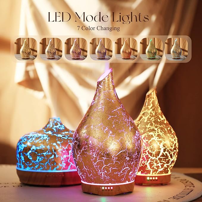 Porseme 280ml Essential Oil Diffuser, 3D Glass Aromatherapy Diffusor, Ultrasonic Cool Mist BPA Free Aroma Humidifier with Timer and Color Changing Function, Waterless Shut-Off for Home Office Room - Image 2