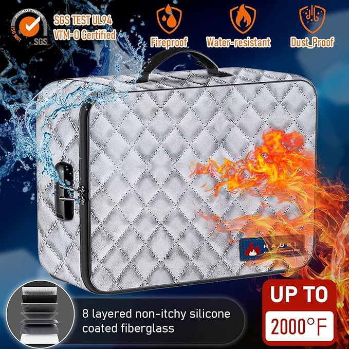 HAUKL Fireproof Document Bag with Lock - 14" Fireproof Safe Box for Home & Travel, 8-Layer Waterproof Fireproof Bag for Files, Passports, Jewelry, Cash, 2000°F Protection (Gray W/Jewelry Holder) - Image 5