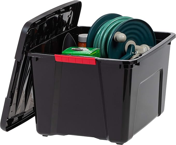 IRIS USA 40 Qt Stackable Plastic Storage Bins with Lids, 4 Pack - BPA-Free, Made in USA - Garage Organizing Solution, Latches, Durable Nestable Containers, Secure Pull Handle - Black - Image 7