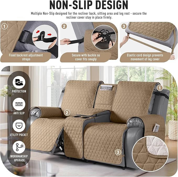 TAOCOCO 100% Waterproof Loveseat Recliner Couch Sofa Covers with Console,Double Reclining Couch Cover Non-Slip Sofa Slipcovers Washable,Furniture Protector Covers for Kids,Pets(2 Seater,Camel) - Image 5