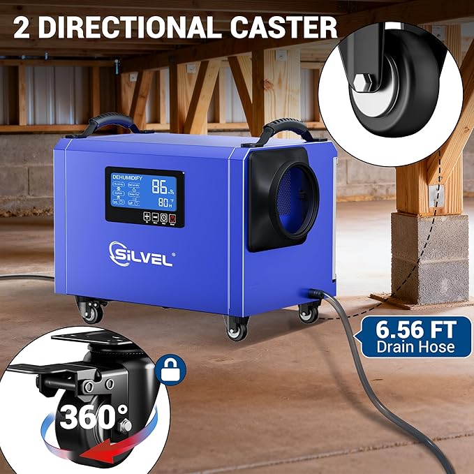 SILVEL 145 Pint Dehumidifier with Drain Hose, Commercial Compact Dehumidifier for Crawl Spaces, Basements, Industry Water Damage Unit, Large Capacity, Portable, Up to 6000 Sq.Ft, Blue - Image 4