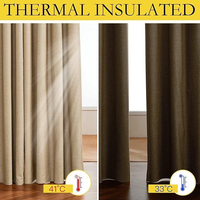 NICETOWN 100% Absolutely Blackout Linen Curtains with Thermal Insulated White Liner, Camel, W42 x L72, 2 Panels, Long Curtains 72 inch Length for Patio Door, Doorway, Office, Overnight Shiftworker - Image 3