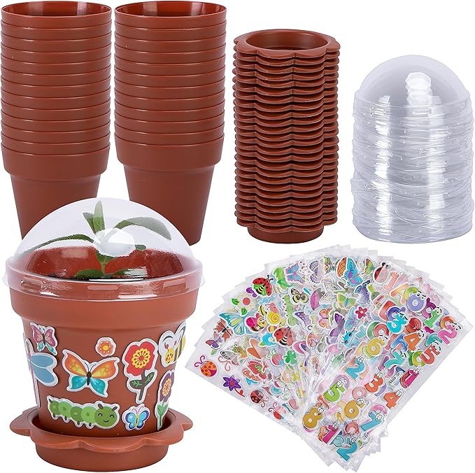 25 Packs Cupcake Plant Nursery Pots with Humidity Dome, Small Plastic Flower Plant Pots with 20 Sheet Stickers, Seeds Starter Pot Flower Planting Container for Seedlings Succulent Display (Wine Red) by PurpleStar
