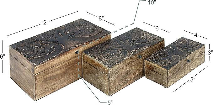 Deco 79 Mango Wood Floral Handmade Decorative Box Decorative Keepsake Boxes with Hinged Lid, Set of 3 Storage Boxes 8", 10", 12"W, Brown - Image 6
