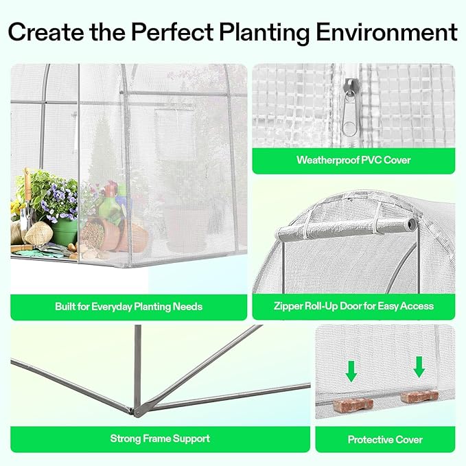 VIVOSUN 10x7x7 Ft. Large Walk in Greenhouse, Greenhouse Tunnel, Garden Plant Hot House with White PE Cover, Roll-up Zipper Door and Window for Outdoor, White - Image 5