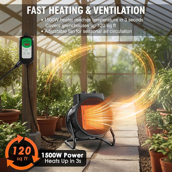 Greenhouse Heater with Thermostat & Hygrometer, 1500W/750W/24W Plant Heater Fan, Adjustable Temperature 40°F-108°F Patio Heaters for Outdoor Use Tents Winter Grow Garage Indoor(Black,2 Pack) - Image 6