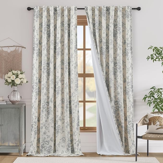 jinchan Lined Linen Blend Curtain Floral Curtains for Living Room 96 Inches Long Grey Peony Flower Printed Curtain Back Tab Farmhouse Patterned Drapes Bedroom Window Curtains Set 2 Panels by JINCHAN