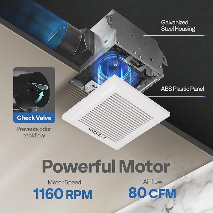 VIVOHOME Ultra-Quiet 80 CFM Bathroom Exhaust Fan, 1.5 Sone 95 Sq.Ft Coverage, 4'' Duct Ceiling Mount, White Shower Ventilation Fan - Image 4
