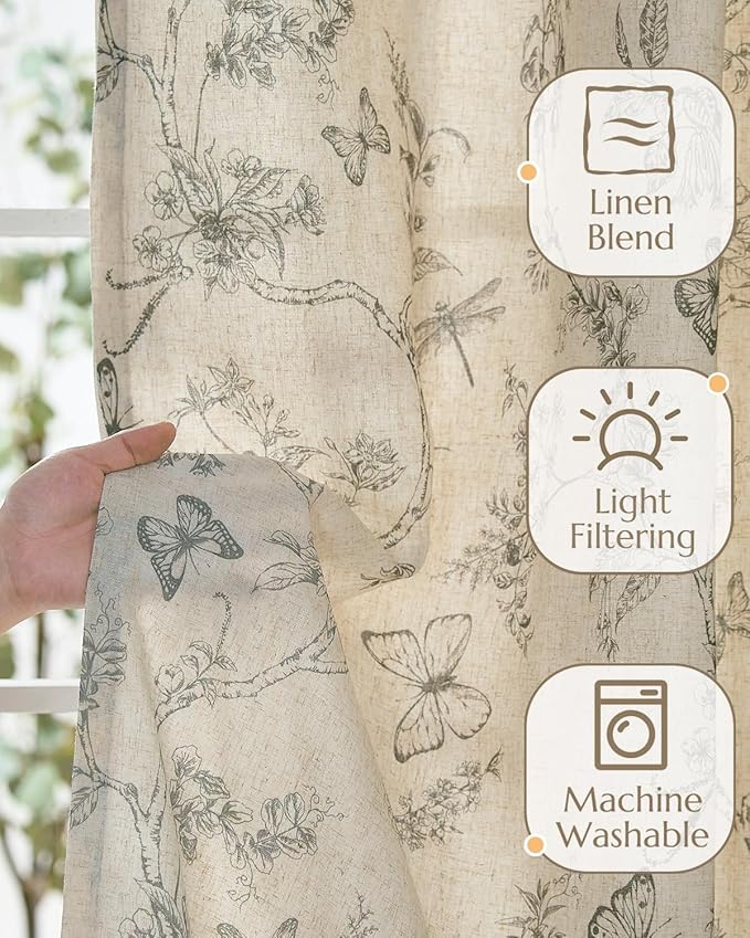 jinchan Floral Linen Curtains for Living Room 84 Inch Length Butterfly Curtain Grey Floral Curtains French Country Farmhouse Curtain Gray Flower PatternedDrapes Window Treatment Set 2 Panels - Image 4