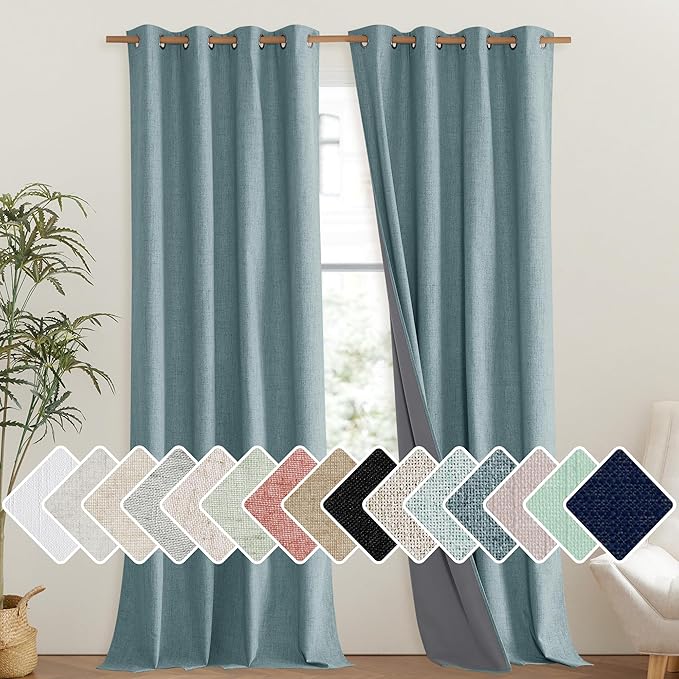NICETOWN 100% Absolutely Blackout Linen Curtains with Thermal Insulated Liner, Skylark Blue, 52" Wide, 102" Length Energy Saving Curtains for Living Room 2 Panels Set, Vertical Blinds by NICETOWN